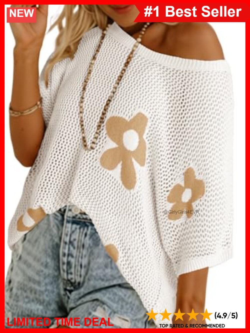 100% Acrylic Crochet Floral Short Sleeve Scoop Neck Lightweight Knit Pullover